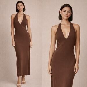 Reformation Halter Knit Midi Dress Brown Size M open back minimalist Chic